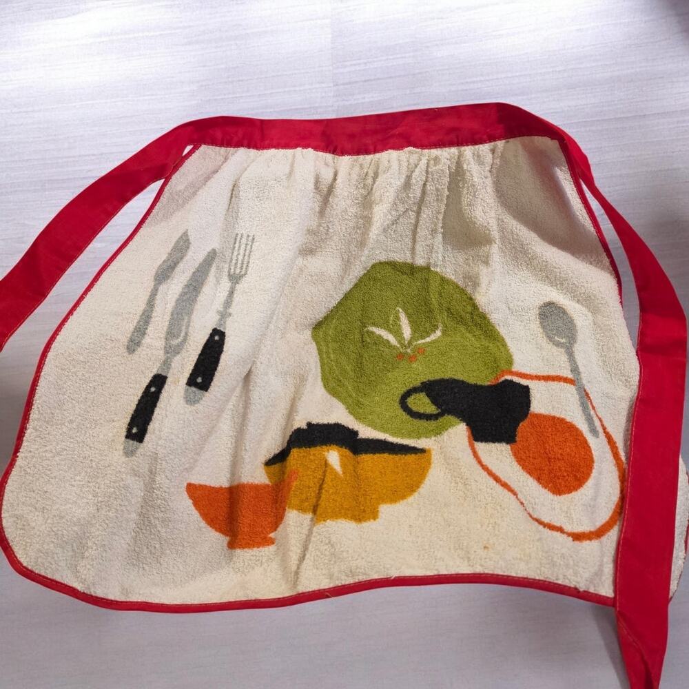 VTG Terry Cloth Towel Half Apron MCM Cooking Kitchen Atomic Blue Green one size